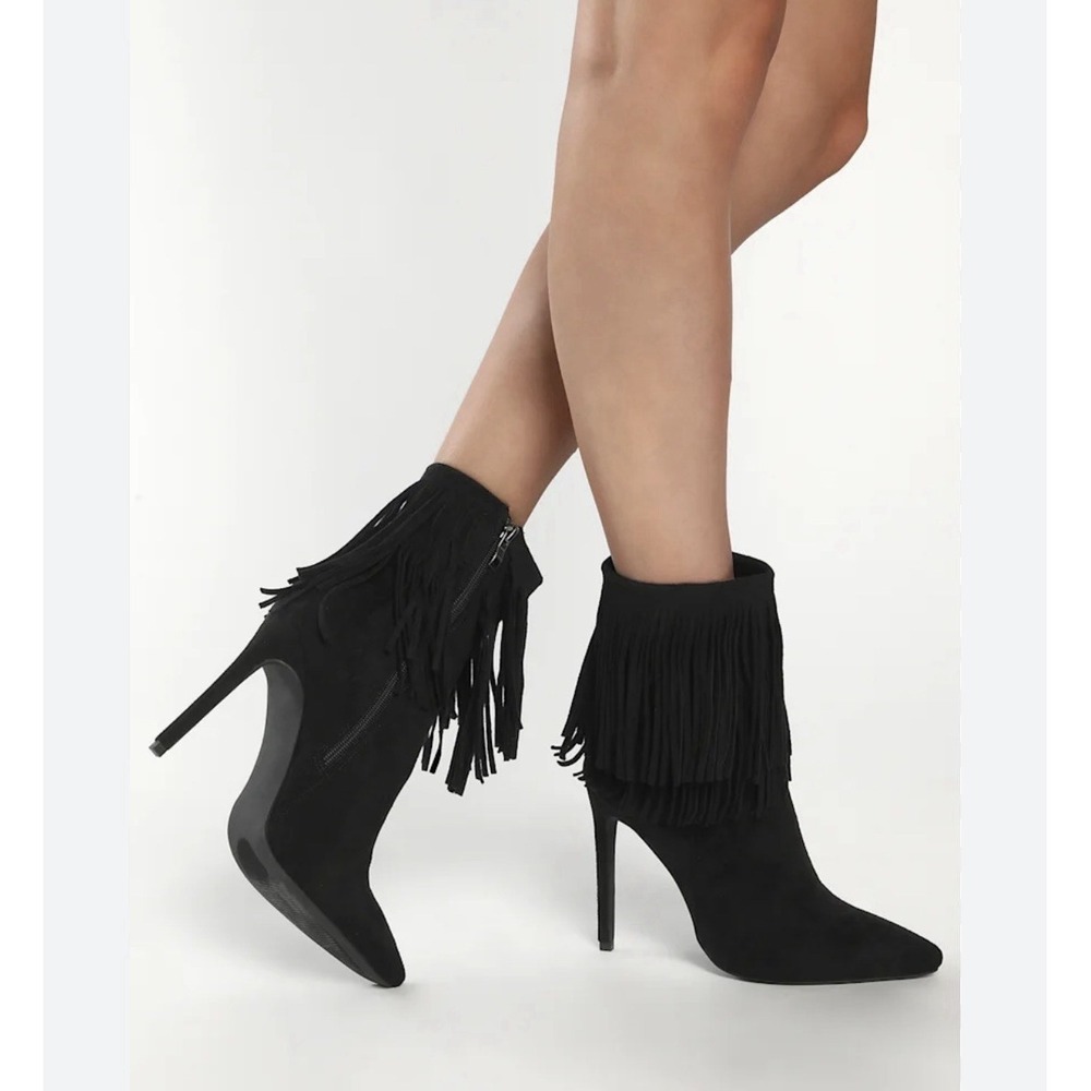 Steve Madden flapper black fringe Suede high heel ankle boots 10 A53‎